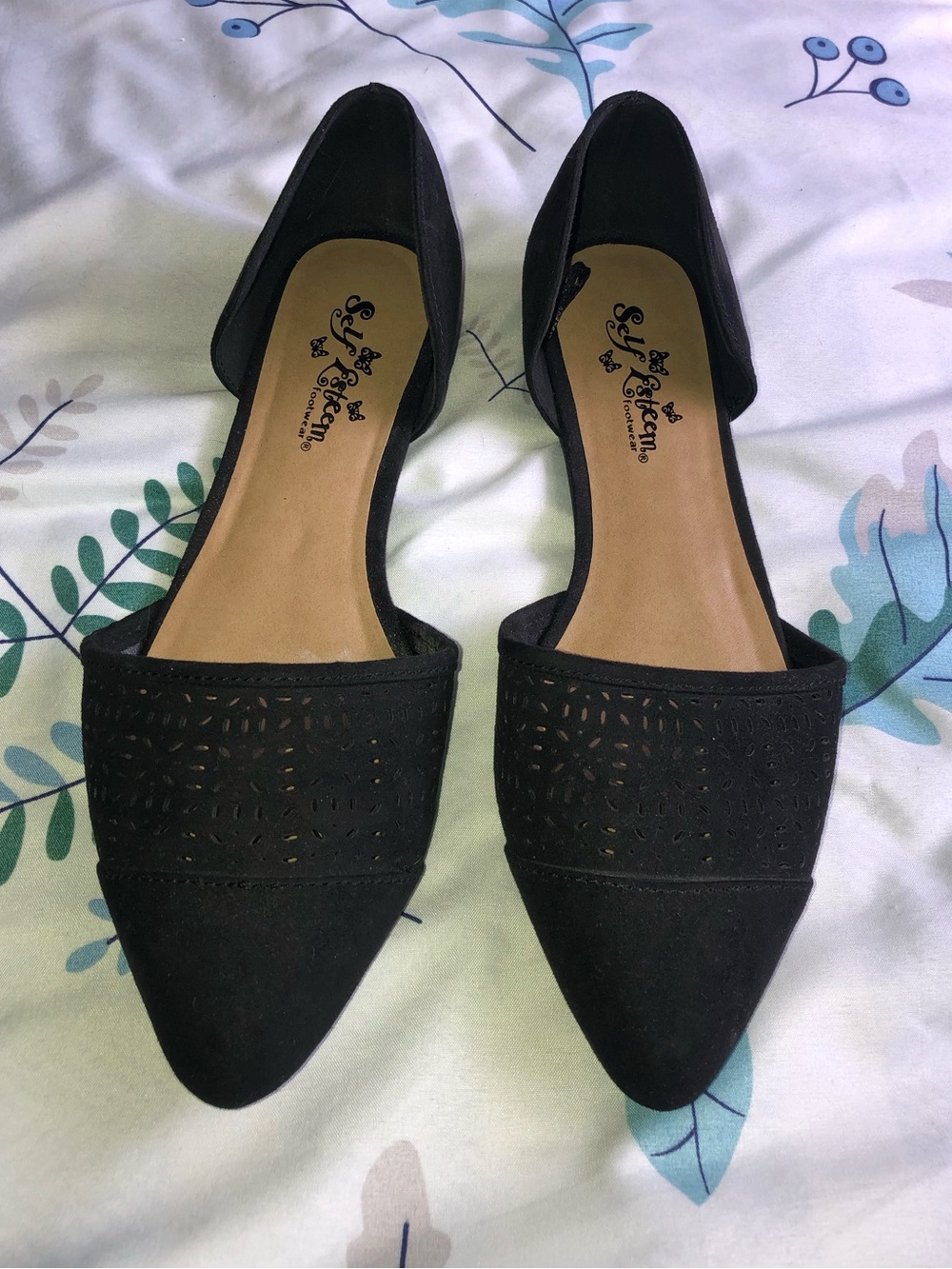 Self Esteem Footwarw Black Laser-Cut Pointed D'Orsay Flats